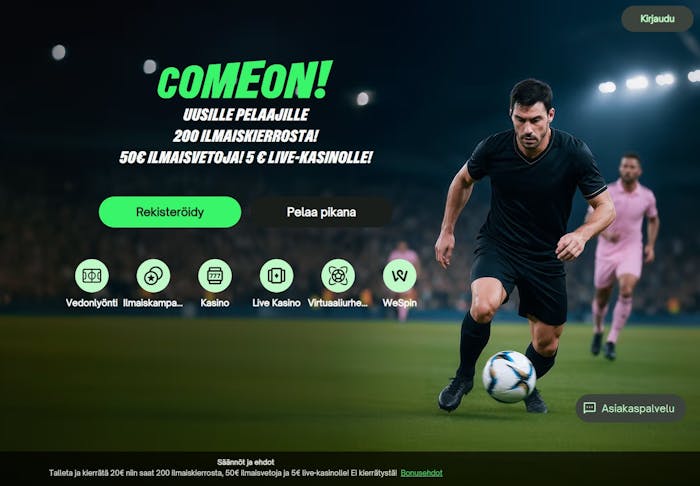 Comeon casino etusivu kertoo millainen bonus uudelle pelaajalle on tarjolla.