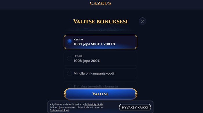 Cazeus Casinon bonuksen valintaikkuna, jossa kasinobonuksena on 100 % 500 euroon asti ja 200 ilmaiskierrosta.