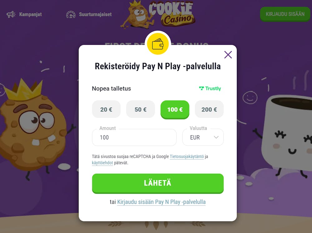 Cookie Casino ilmoittautumissivu