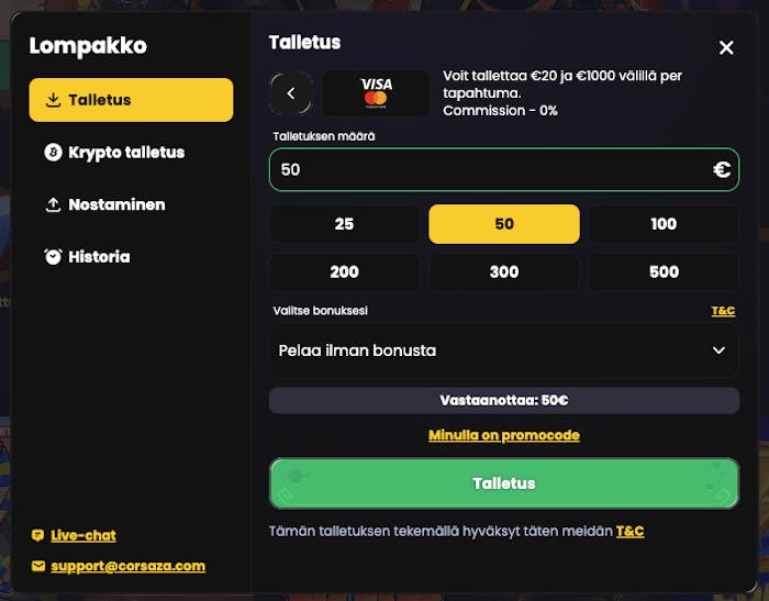 Voit valita Visa maksutavan talletuksen tekoon Corsaza casinolla
