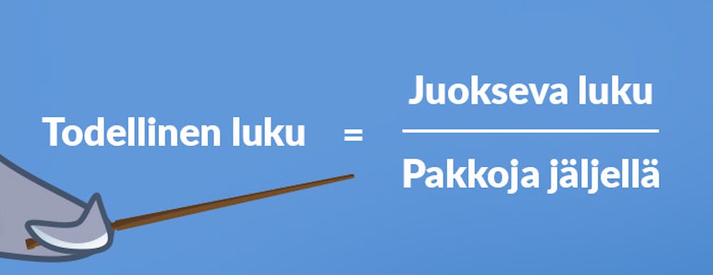 Todellinen luku blackjack lasketaan jakamalla juokseva luku jäljellä olevien pakkojen määrällä.