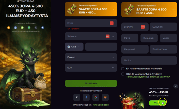 Drakaris Casinon rekisteröitymislomake ja tervetuliaispaketti 450 % jopa 4 500 € + 450 ilmaispyöräytystä.