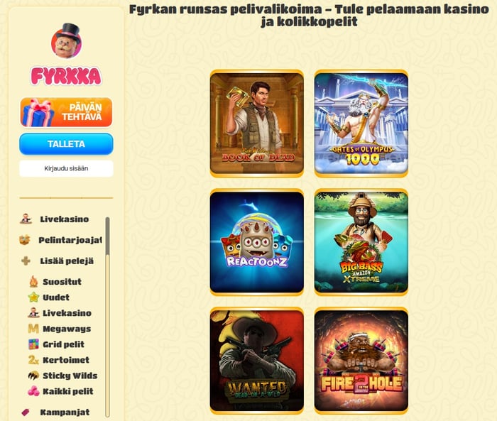 Fyrkka Kasinon pelivalikoimanäkymä, jossa näkyy suosittuja kolikkopelejä, kuten Book of Dead ja Reactoonz.