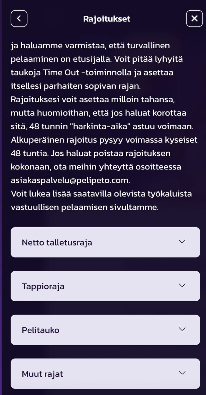 Pelipedon tarjoamat vastuullisen pelaamisen rajoitukset: talletusraja, tappioraja, pelitauko ja muut rajat.