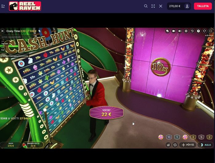 Crazy Time -pelinäkymä, jossa näkyy 10x-bonus ja omassa testissäni 22 euron voitto.