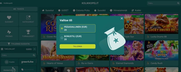 Kaksi erillista saldoa Vivatbet Casinolla: bonus ja omat talletukset.