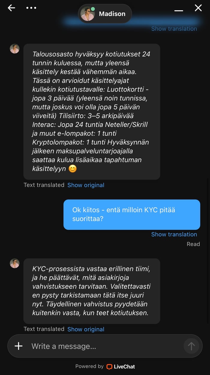Crusino Casino tarjoaa asiakaspalvelua suomeksi käännöstyökalun avustuksella.