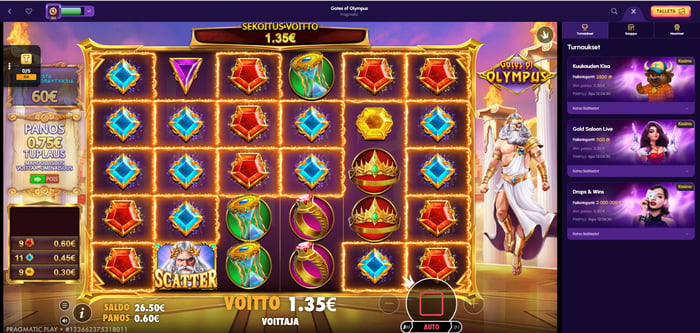 Gates of Olympus -kolikkopelin sekoitusvoitto 1,35 euroa NovaJackpot-kasinolla ruudulla näkyvän Zeus-hahmon kera