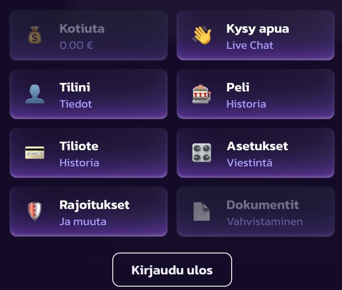 Dokumentit-osio Pelipeto-kasinolla.