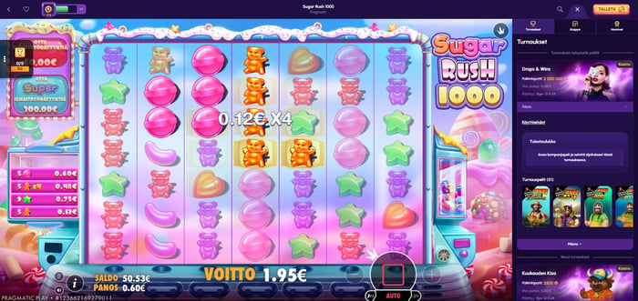 Sugar Rush 1000 -kolikkopelin pelinäkymä NovaJackpot-kasinolla 0,60 euron panoksella ja 1,95 euron voitolla