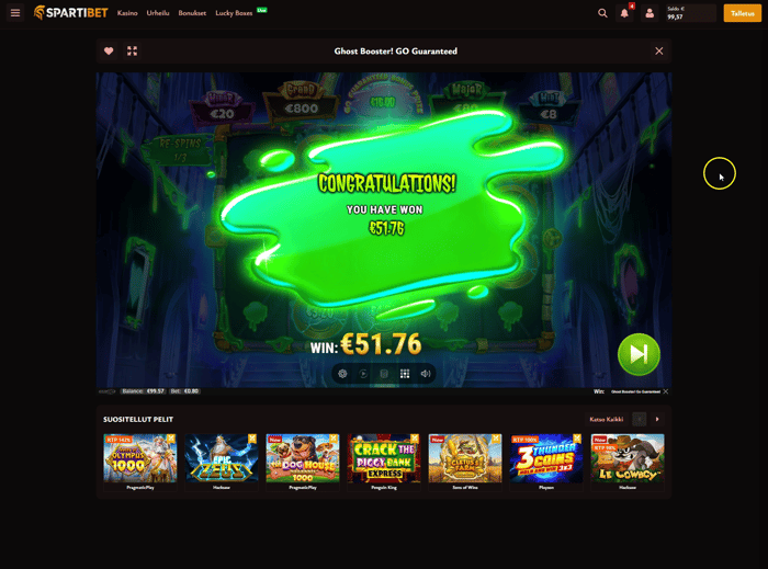 Ghost Booster -bonusvoitto 51,76 € Spartibetissä