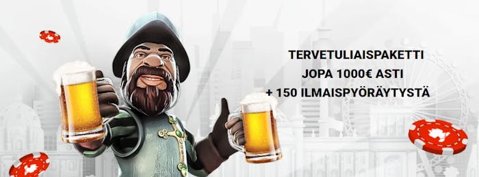Dachbet kasino tervetuliaisbonus – jopa 1000 € ja 150 ilmaiskierrosta, kuvassa Gonzo's Quest -hahmo oluen kanssa.