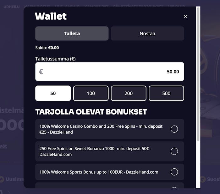 Dazzlehand Casinon talletuslomake, joka ohjaa seuraavaksi maksutavan valintana.