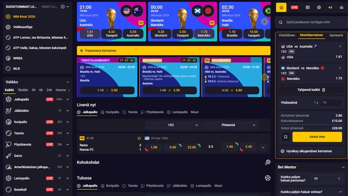 Dazzlehand Casinon vedonlyöntinäkymä, jossa näkyvät MM-kisojen 2026 ottelut, parannetut kertoimet, live-vedot eri lajeihin ja oikean reunan monikertainen vetokuponki valittuna.