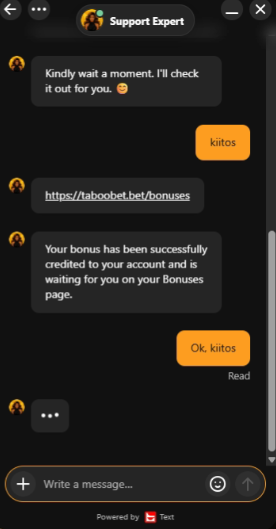 Taboobetin live chat: asiakastuki vahvistaa, että bonus on hyvitetty tilille ja löytyy Bonukset-sivulta