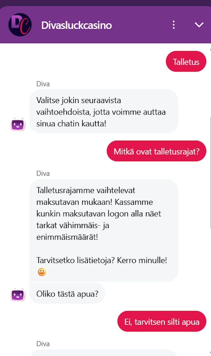 Divas Luck Casinon chat, jossa tiedustellaan talletusrajoista.