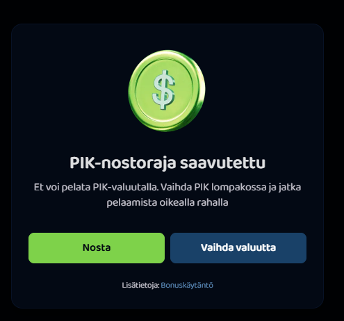 Pike Casinon Nostoraja saavutettu -ilmoitus.