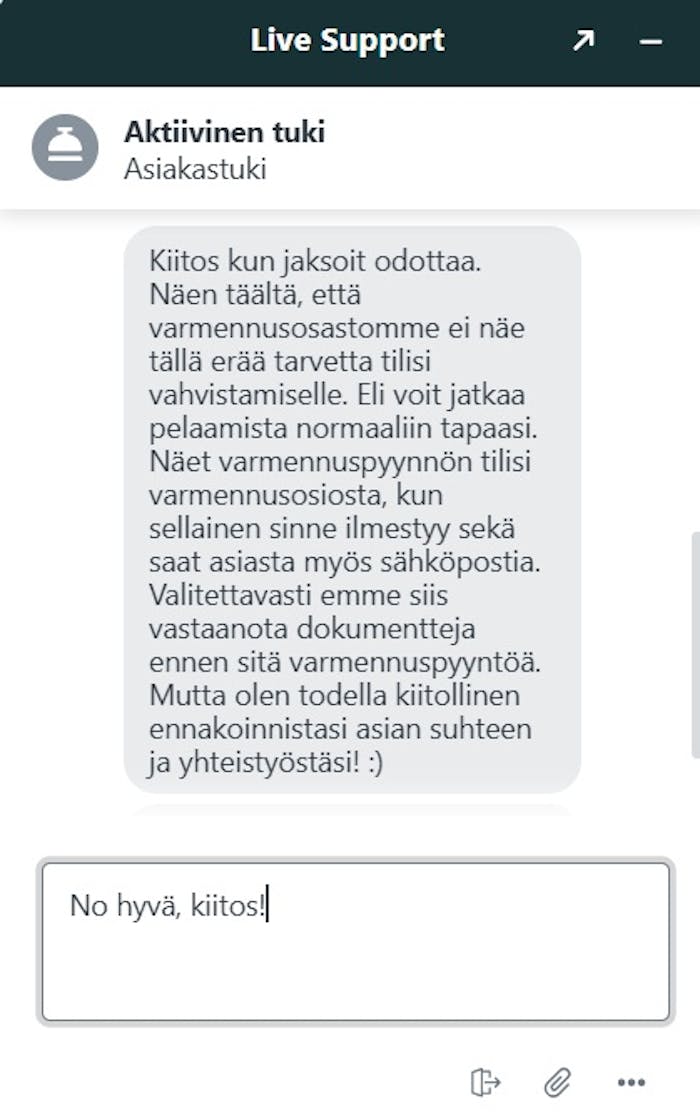 Dolly Casinolla asiakastuki antaa ohjeita, koska tilin varmistaminen tulee tehdä.