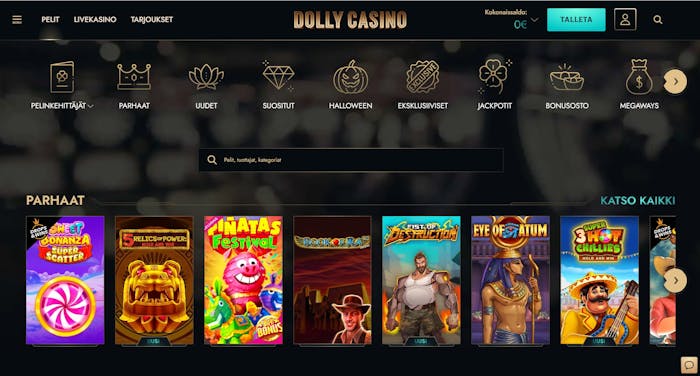 Dolly Casinolla on pelikategoriat parhaat, uudet, suositut, halloween, eksklusiiviset, jackpotit, bonusosto ja Megaways.
