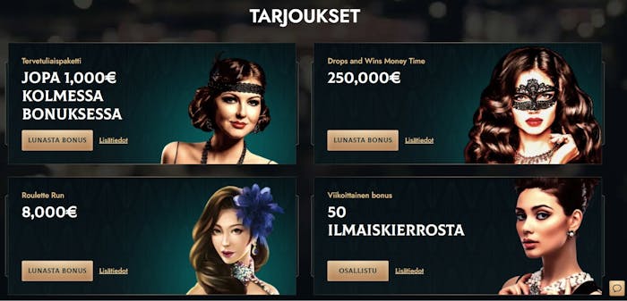 Dolly Casino tarjoukset sisältävät tervetuliaispaketin, Drops and Wins -turnauksen ja viikoittaisen bonuksen.