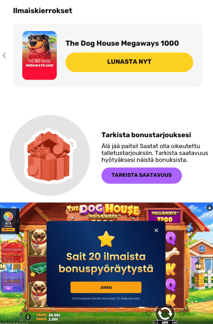 Muhkee Casinon bonussivu, jossa The Dog House Megaways 1000 -ilmaiskierrokset ja Lunasta nyt -painike.