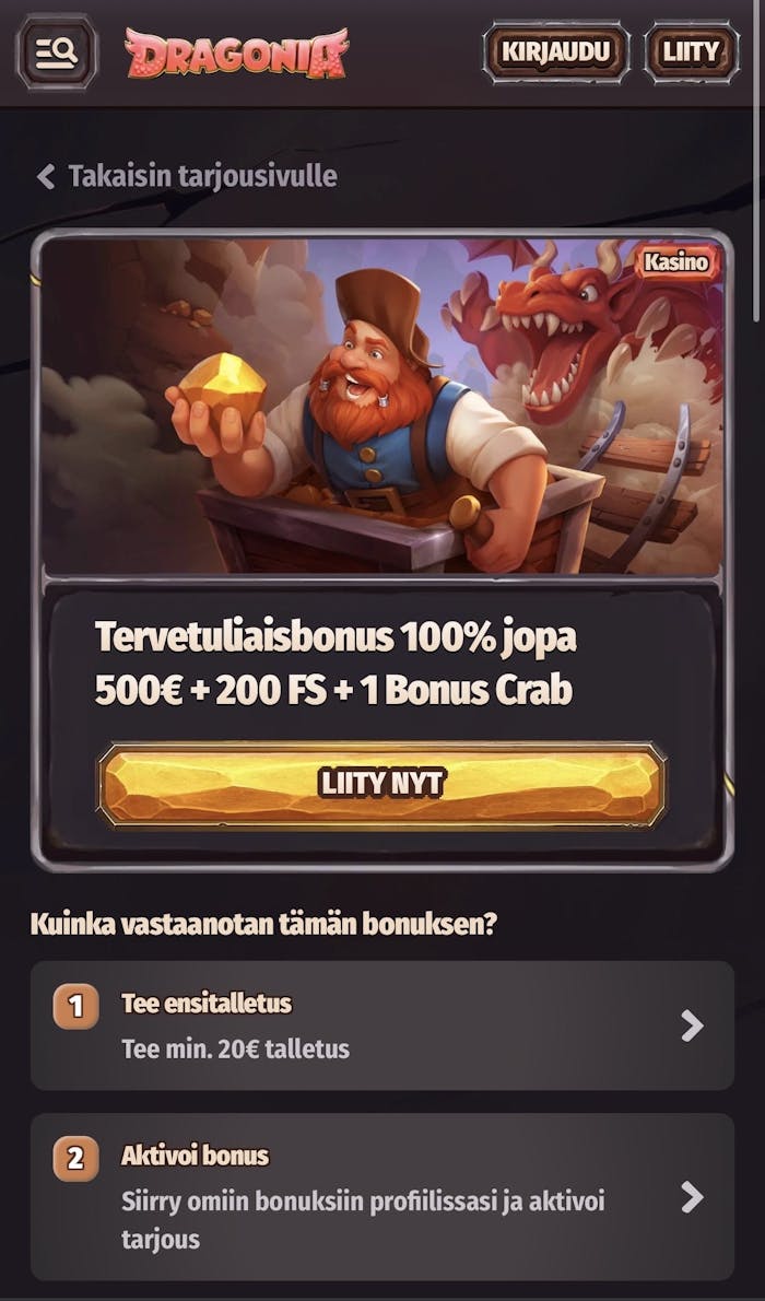 Dragonia tervetulobonus sisältää jopa 500 euroa