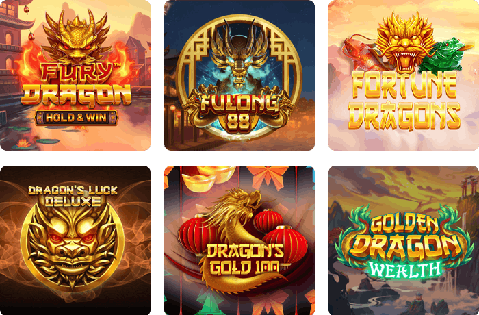 Slotteja lohikäärme-teemalla, esimerkiksi Fulong 88 ja Dragon's Gold 100. 