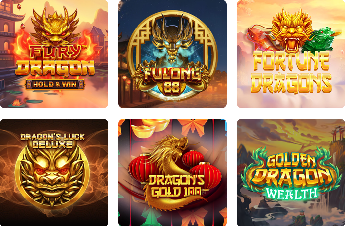 Slotteja lohikäärme-teemalla, esimerkiksi Fulong 88 ja Dragon's Gold 100. 
