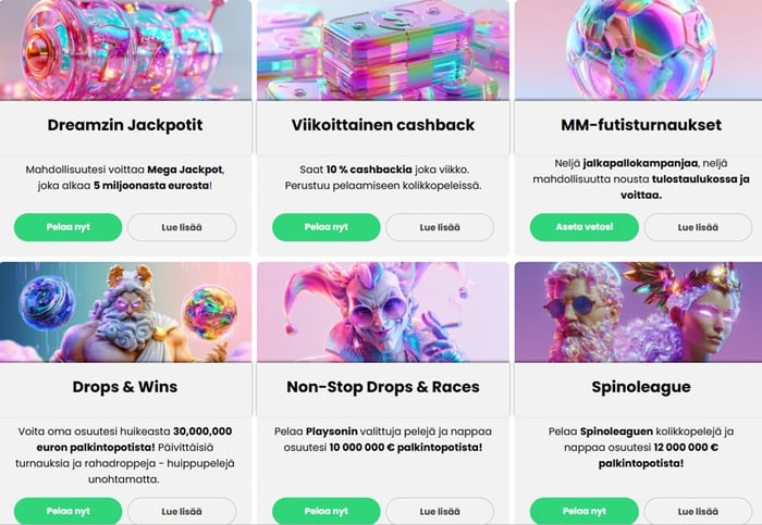 Dreamz Casinon värikäs kampanjoiden esittely, jossa mainostetaan Dreamzin jackpotteja, viikoittaista 10 % cashbackia, MM-futisturnauksia, Drops & Wins -tarjouksia, Non-Stop Drops & Races -kampanjaa 