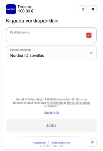 Dreamz Casinon talletusikkuna, jossa pelaaja kirjautuu Nordea-verkkopankkiin Brite-maksun kautta syöttämällä käyttäjätunnuksen ja valitsemalla Nordea ID -sovelluksen.