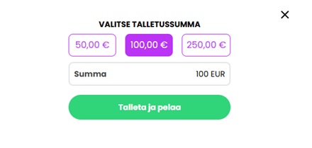 Dreamz Casinon talletusruutu, jossa pelaaja valitsee talletussummaksi 50, 100 tai 250 euroa ja painaa Talleta ja pelaa -painiketta