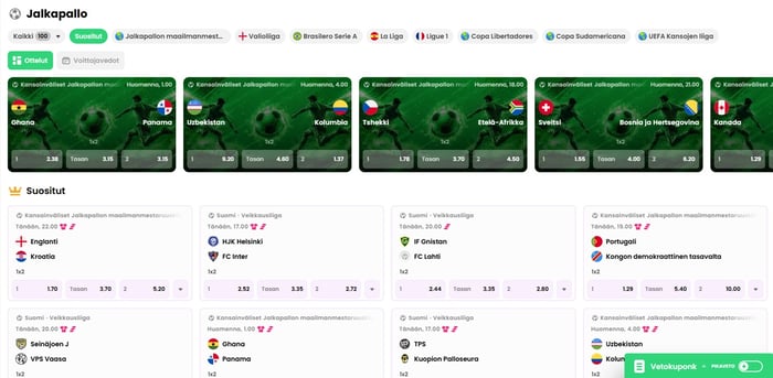 Dreamz Casinon jalkapallon vedonlyöntinäkymä, jossa näkyvät kansainväliset ottelut, Veikkausliigan kohteet ja suositut 1X2-vetokohteet selkeässä korttilistauksessa.