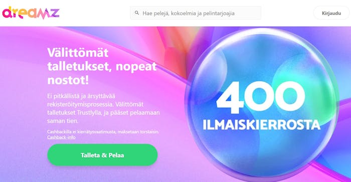 Dreamz Casinon tervetuliaisbonus sisältää 400 kierrätysvapaata ilmaispyöräytystä.