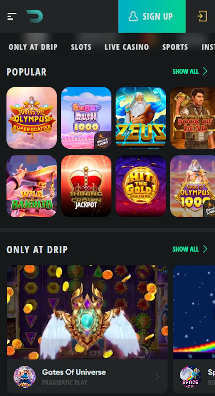 Drip Casinon pelikirjasto, jossa esitellään suosituimpia slotteja sekä eksklusiivisia pelejä.
