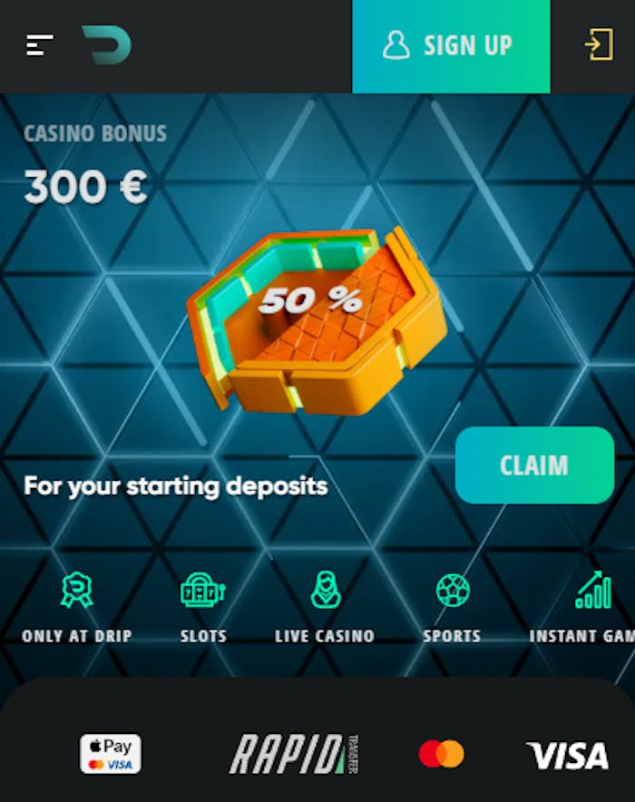 Drip Casinon etusivu, jossa näkyy kasinobonus, pelikategorioita sekä maksutapoja.