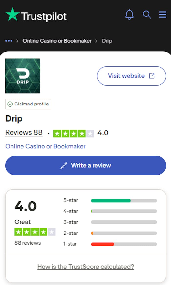 Drip Casinon Trustpilot-arvostelujen yhteenveto.