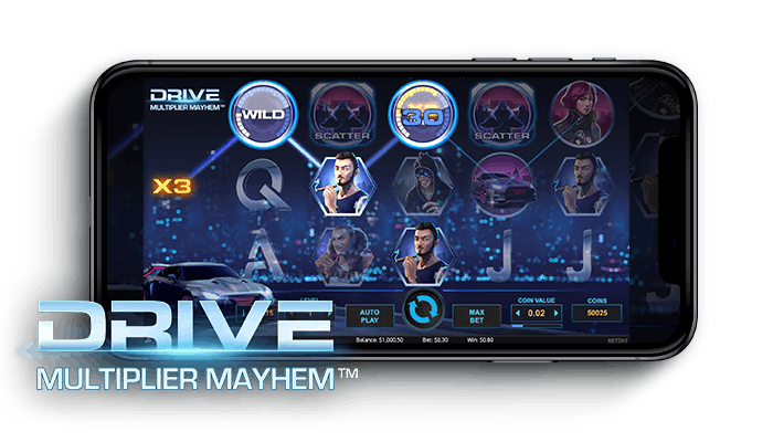 Drive Multiplier Mayhem kolikkopelin peliruudukko ja logo.