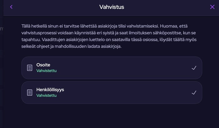 Pelitilin vahvistus Chill Spinsillä.