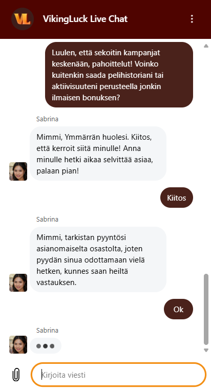 Ilmaisbonuspyyntö Viking Luckin asiakaspalvelusta.