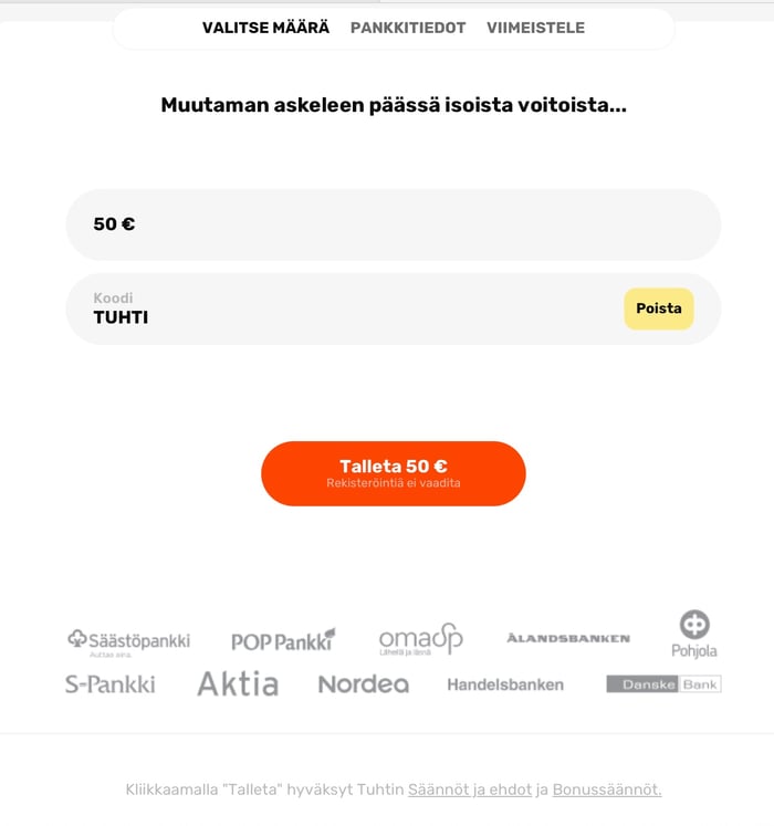 50 euron talletus Tuhti-kasinolle.