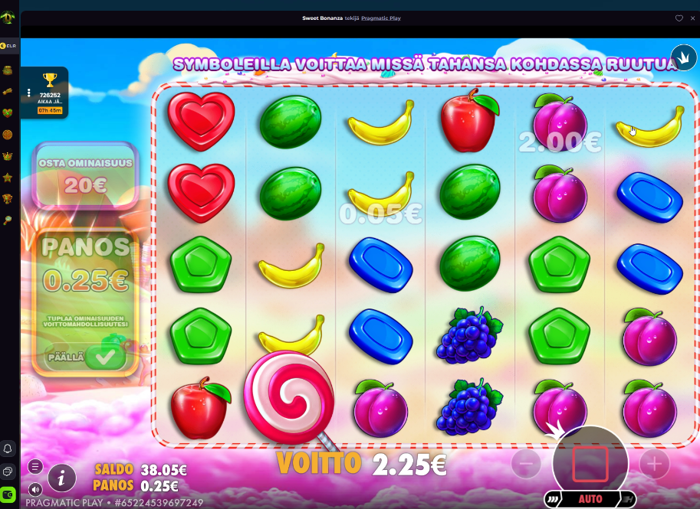 Sweet Bonanza -kolikkopelin 2,25 €:n voitto 0,25 €:n panoksella Double Chance -toiminto päällä Drakaris Casinolla.