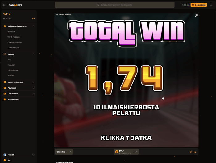Miami Mayhem -kolikkopelin 10 ilmaiskierroksen kokonaisvoitto 1,74 $ Taboobetissa