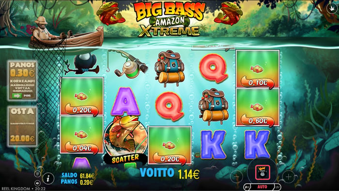 Kuva, jossa näkyy 1,14 € voitto Big Bass Amazon X-treme -pelin kierroksilta.