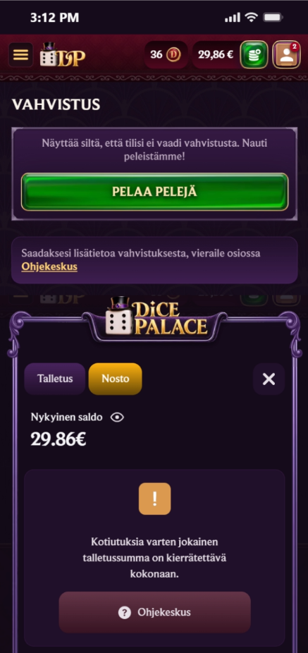 29.86 euron talletus Dice Palace -kasinolle.