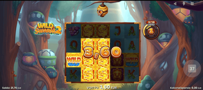Kuva, jossa näkyy 3,60 € voitto Wild Swarm 2 -pelissä.