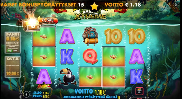 Kuva, jossa näkyy voitto Big Bass Amazon X-treme -pelissä ilmaiskierrosten aikana.