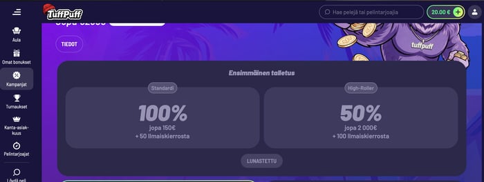 Tuff Puff -kasinon päivittynyt saldo.