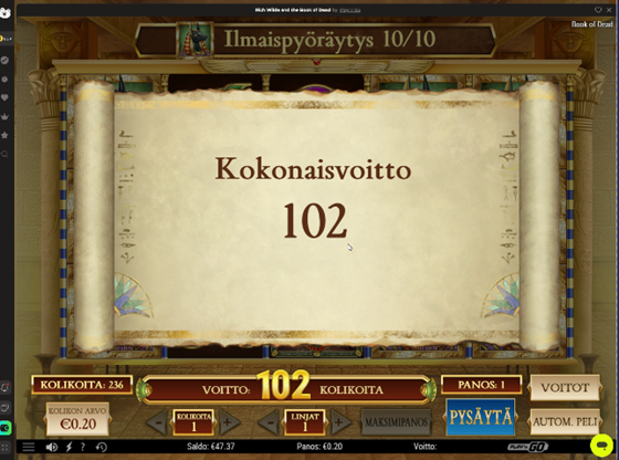 Book of Deadin kokonaisvoittoruutu ilmaiskierrosten jälkeen, 102 kolikkoa 0,20 euron kolikkoarvolla.