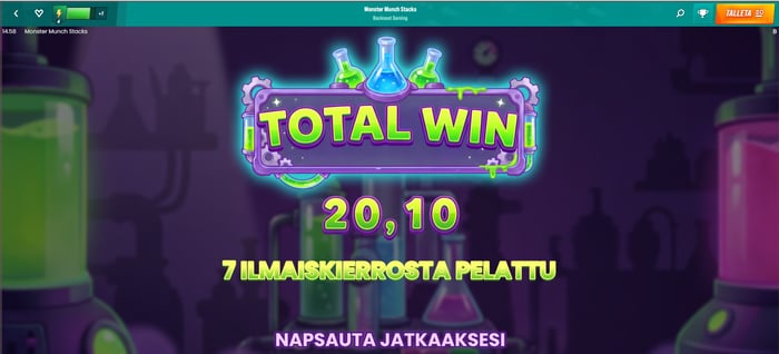 Pelin voittoilmoitus Monster Munch Stacks -kolikkopelissä, jossa näkyy 7 ilmaiskierroksen jälkeen saavutettu 20,10 euron kokonaisvoitto.