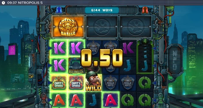 Nitropolis 5 -kolikkopeli ELK Studiosilta, kyberpunk-henkinen rullanäkymä, jossa 0.50 euron voitto ja Boss Battle -ominaisuus ruudulla.